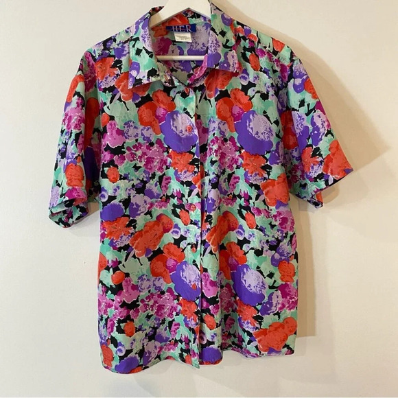 Vintage 1980s HER 100% Silk Short Sleeve Floral Blouse Size L - Picture 14 of 16